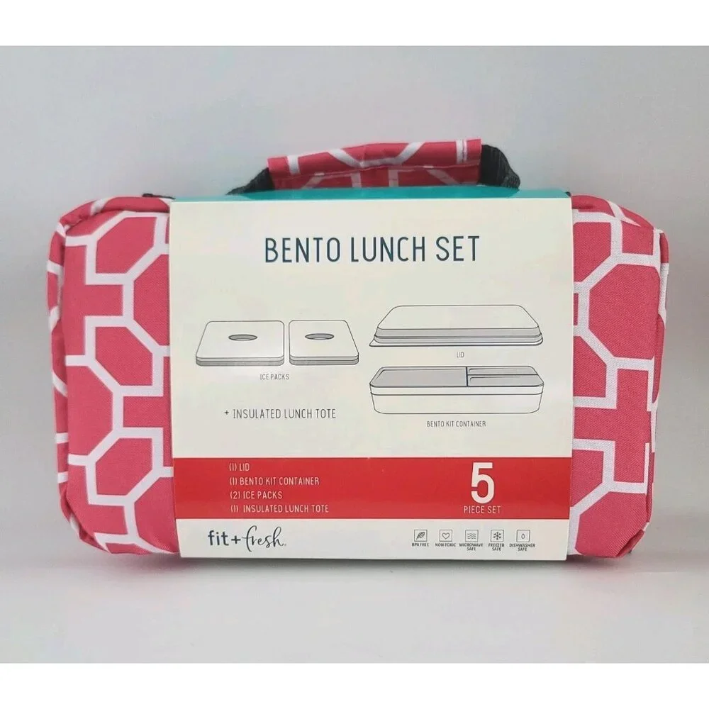 Fit & Fresh Bento Lunch Set 5 Pc Pink w 2 Ice Packs Insulated Zip Bag NEW
